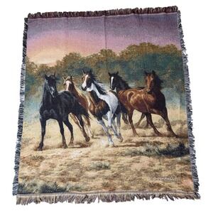 Mohawk Home Woven Horse Throw Blanket OS Multi Excellent Wild Horses Fringed USA